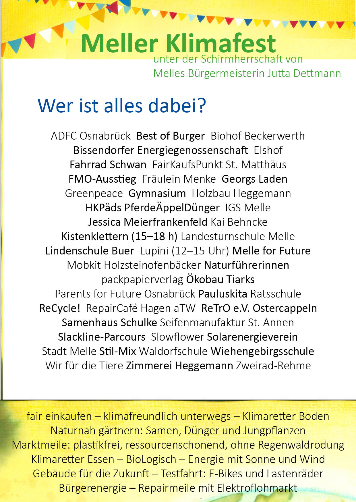 Übersicht der beteiligten Akteure beim Meller Klimafest 2023.
