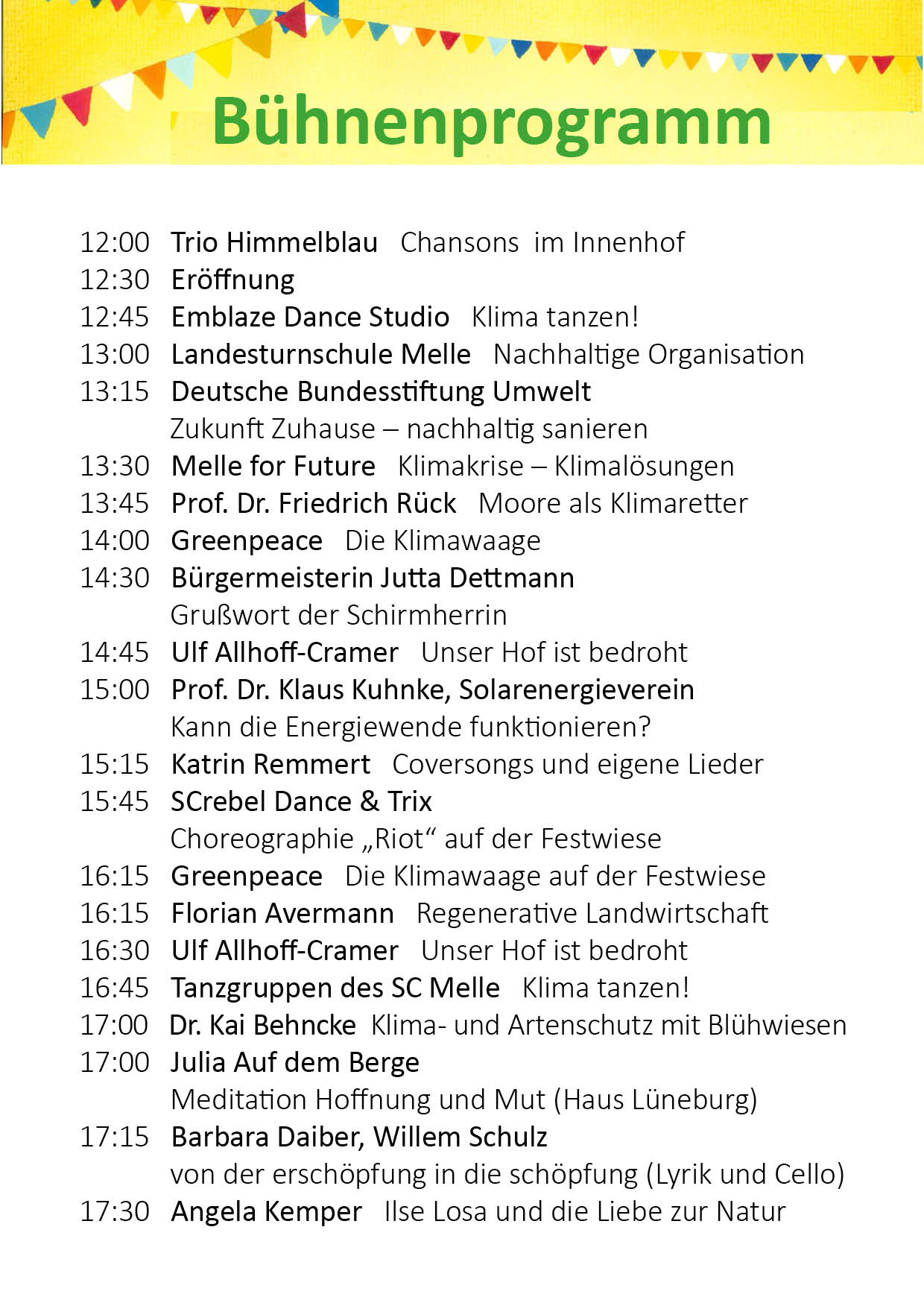 Bühnenprogramm des Meller Klimafests am 6. Mai 2023.