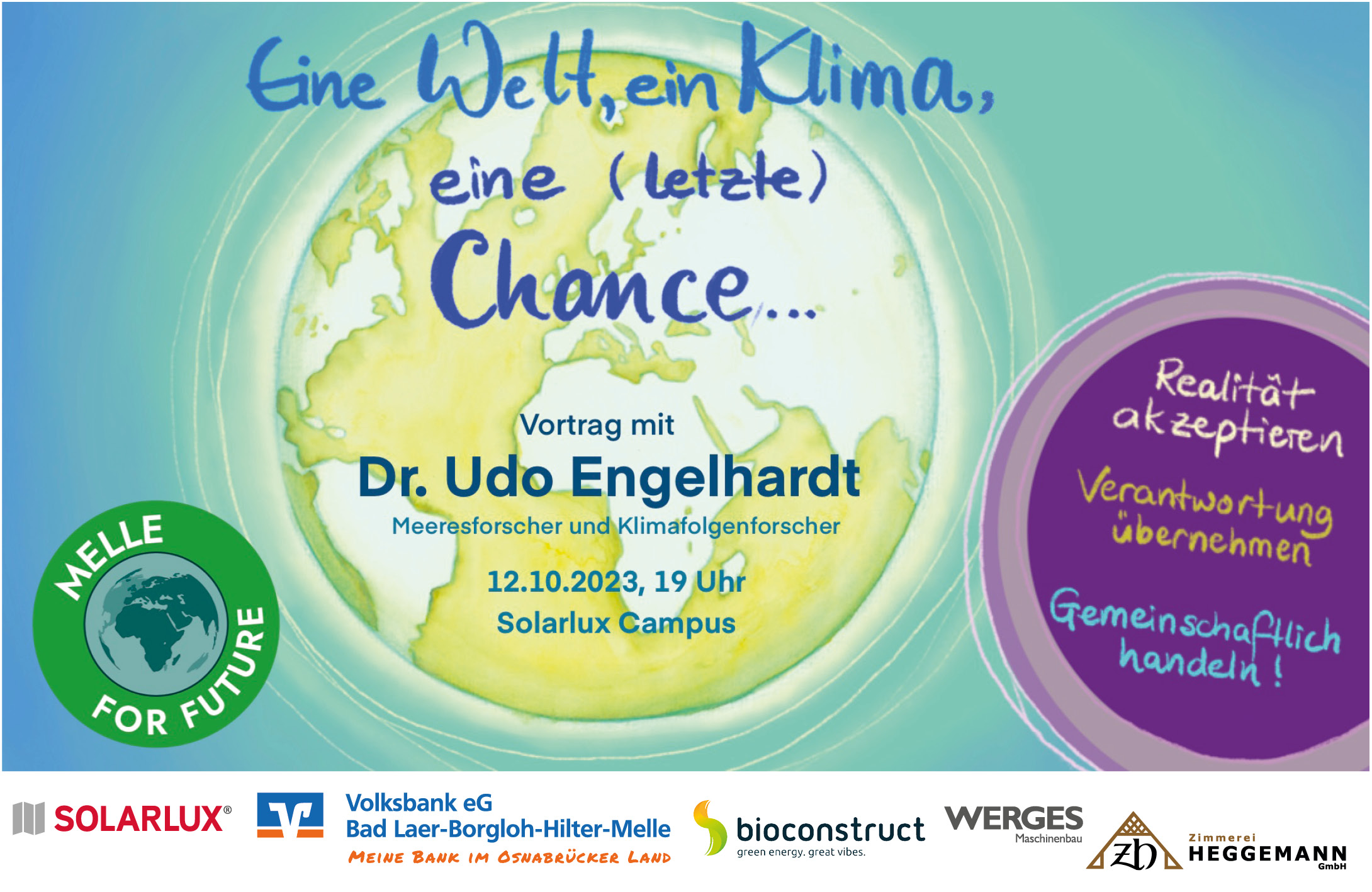 Plakat zum Vortrag „Eine Welt, ein Klima, eine (letzte) Chance“ mit Dr. Udo Engelhardt